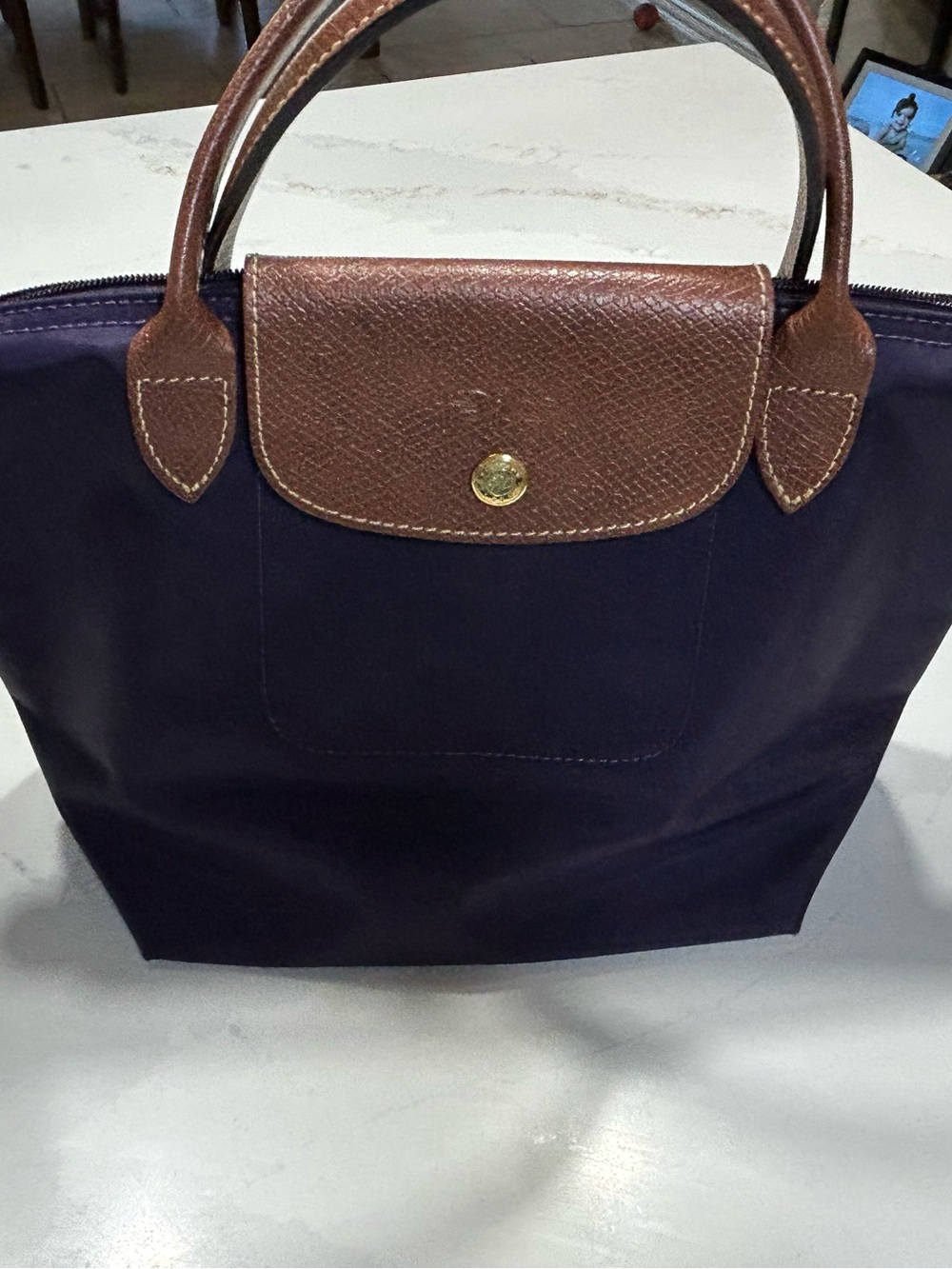Longchamp Purple Tote with Brown Leather Trim